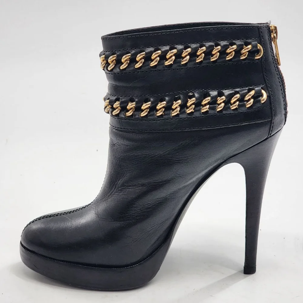 TORY BURCH Lysa Black‎ Leather Platform Chain Heeled Boots Size 9.5
